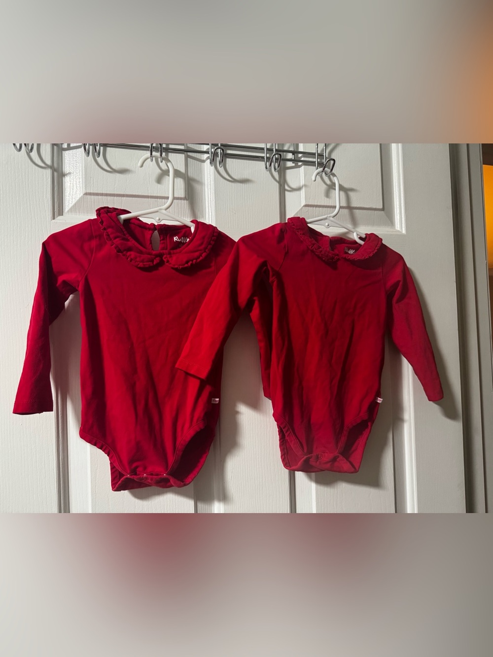 TWIN BUNDLE / RuffleButts Red Long-Sleeve Peter Pan Ruffle Bodysuit - Picture 3 of 9